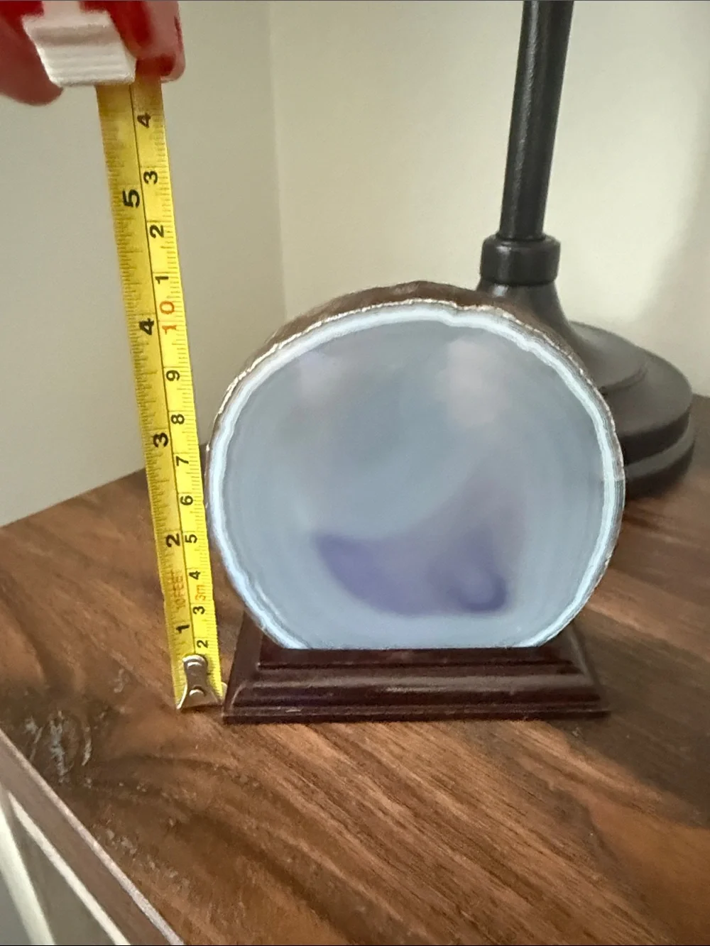 Natural Blue Banded Agate Slice on Wood Display Stand Druzy Crystal Decor